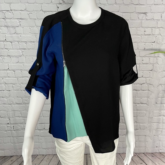 BCBGMAXAZRIA Versatile Blue-Aqua-Black Zip Blouse - Picture 7 of 11